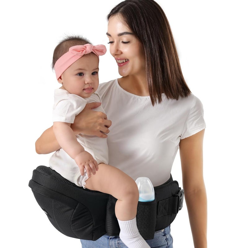 HKAI Baby Hip Carrier,Baby Carrier with Adjustable Waistband & Breathable Mesh, Ergonomic Carrier with Non-Slip Hip Seat Surface for Newborns & Toddlers (Black) - Image 1